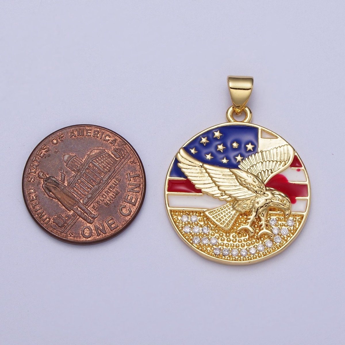 24K Gold Filled Micro Paved Flying Eagle American Flag Enamel Round Pendant  I-214