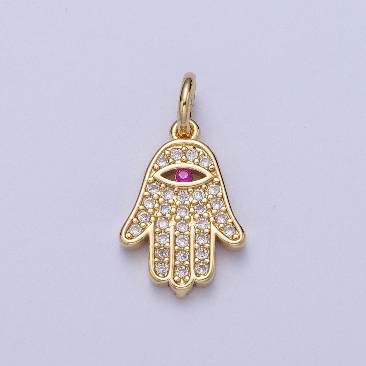 24K Gold Filled Micro Paved Fuchsia CZ Hamsa Hand Evil Eye Charm | N-285