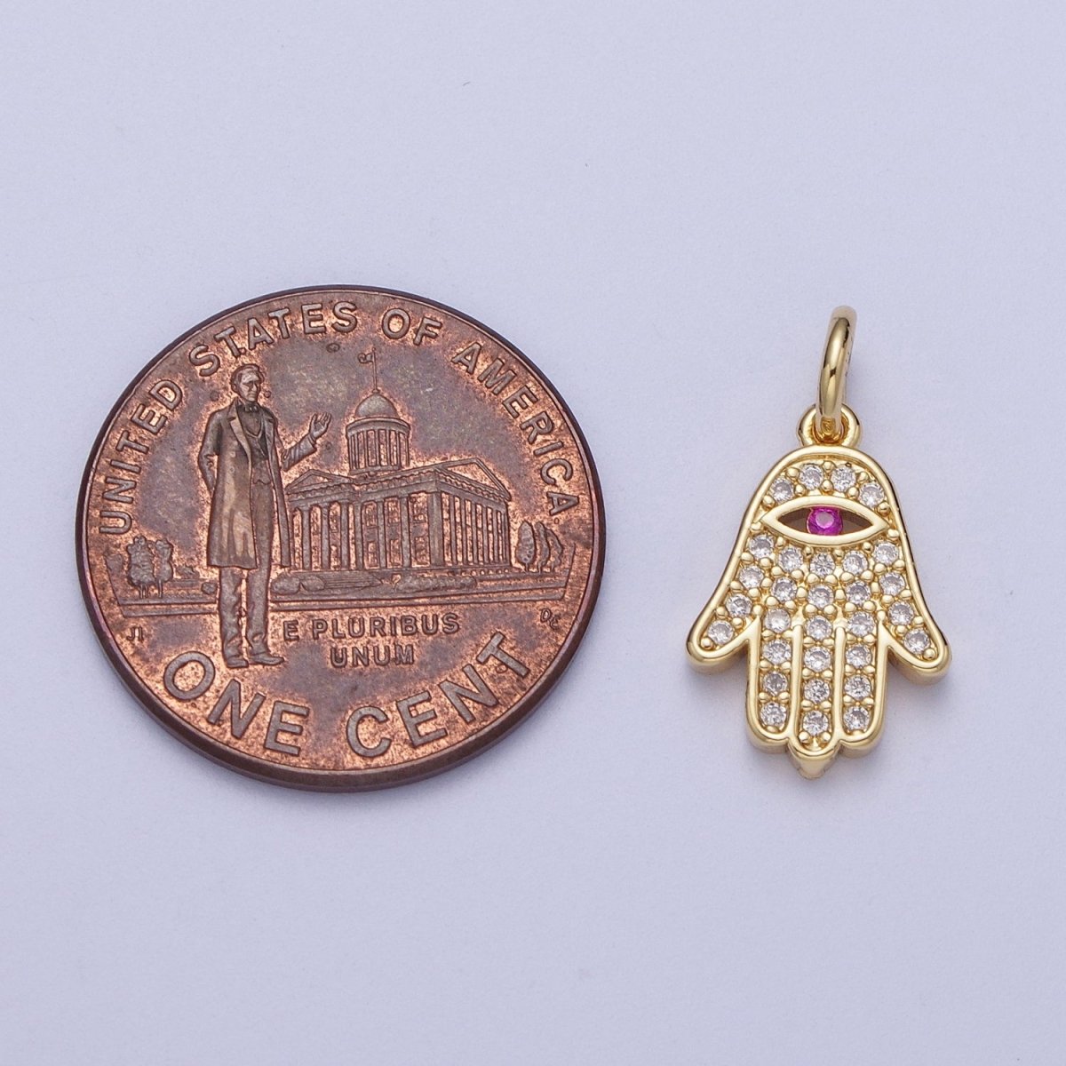 24K Gold Filled Micro Paved Fuchsia CZ Hamsa Hand Evil Eye Charm | N-285