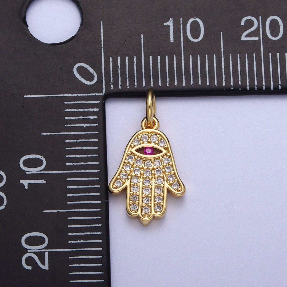 24K Gold Filled Micro Paved Fuchsia CZ Hamsa Hand Evil Eye Charm | N-285