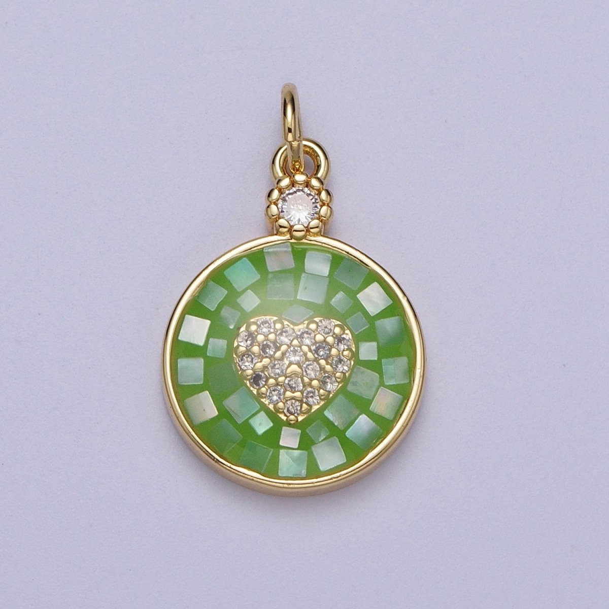 24K Gold Filled Heart Micro Paved CZ Blue, White, Green Pink Opal Round Charm | C136 C138