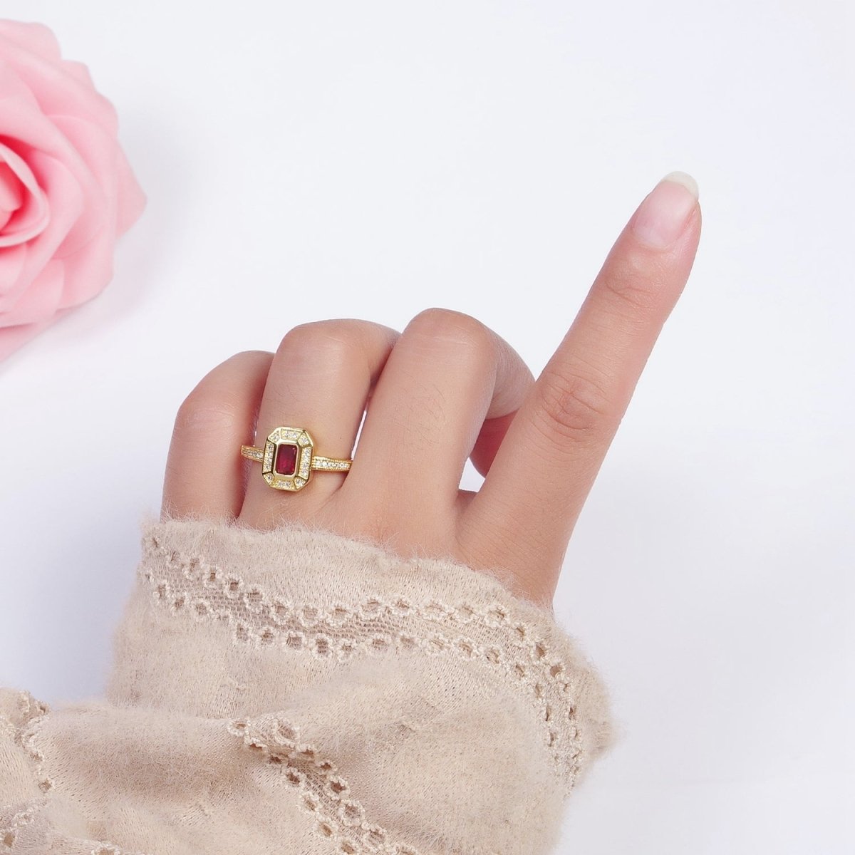 24K Gold Filled Micro Paved Octagonal Adjustable Ring with Fuchsia Baguette Cubic Zirconia | S-308