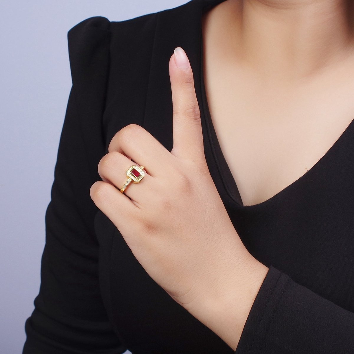 24K Gold Filled Micro Paved Octagonal Adjustable Ring with Fuchsia Baguette Cubic Zirconia | S-308