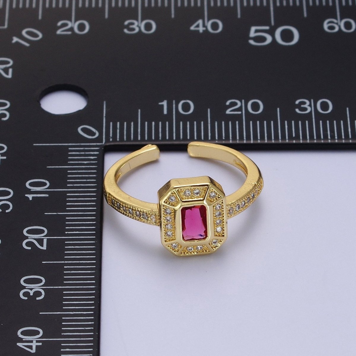 24K Gold Filled Micro Paved Octagonal Adjustable Ring with Fuchsia Baguette Cubic Zirconia | S-308