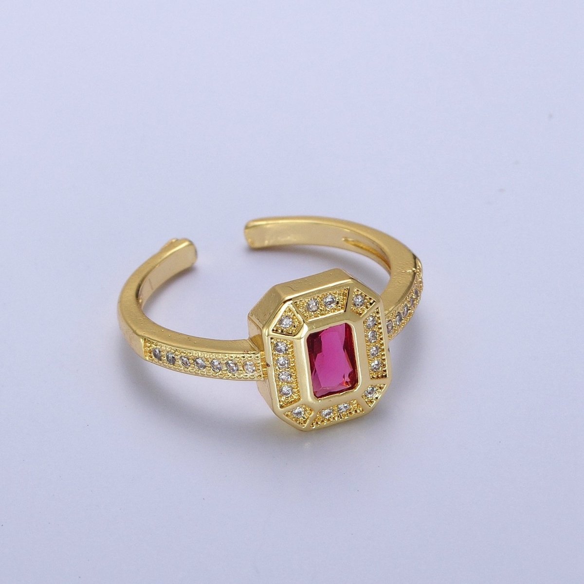 24K Gold Filled Micro Paved Octagonal Adjustable Ring with Fuchsia Baguette Cubic Zirconia | S-308