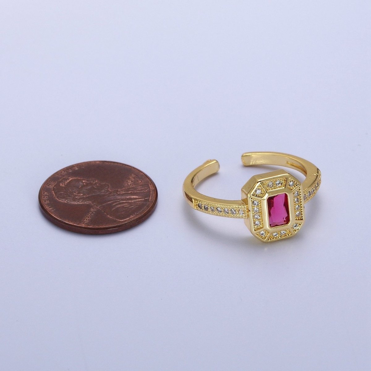 24K Gold Filled Micro Paved Octagonal Adjustable Ring with Fuchsia Baguette Cubic Zirconia | S-308