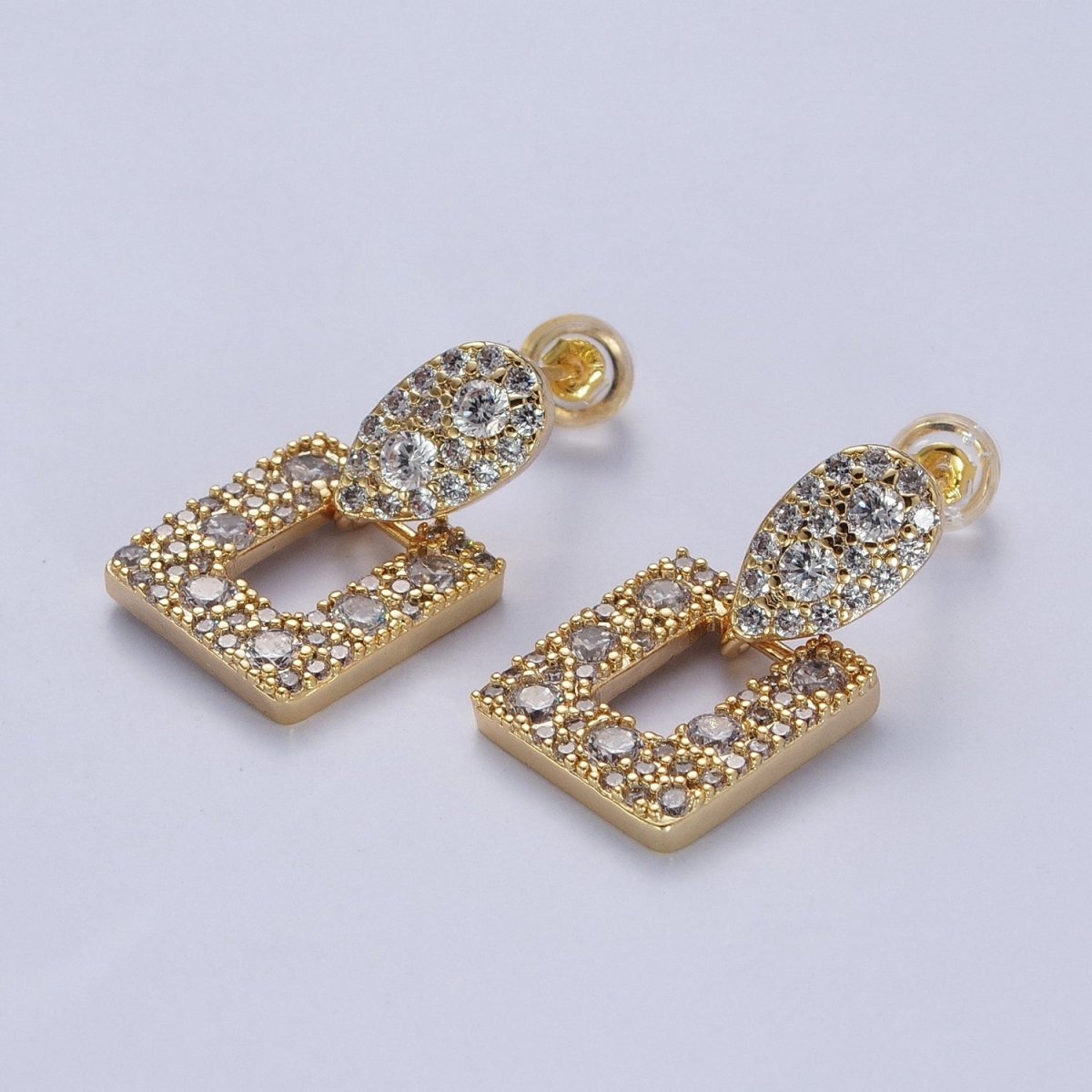 24K Gold Filled Micro Paved Open Rectangular Dangle Drop Teardrop Stud Earrings | AD-516