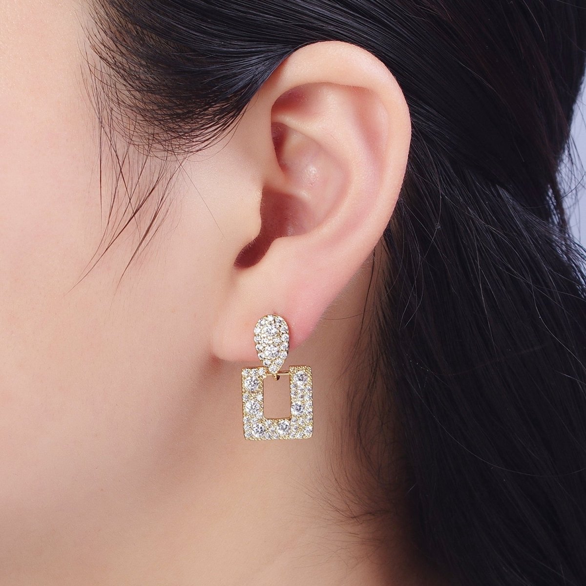 24K Gold Filled Micro Paved Open Rectangular Dangle Drop Teardrop Stud Earrings | AD-516