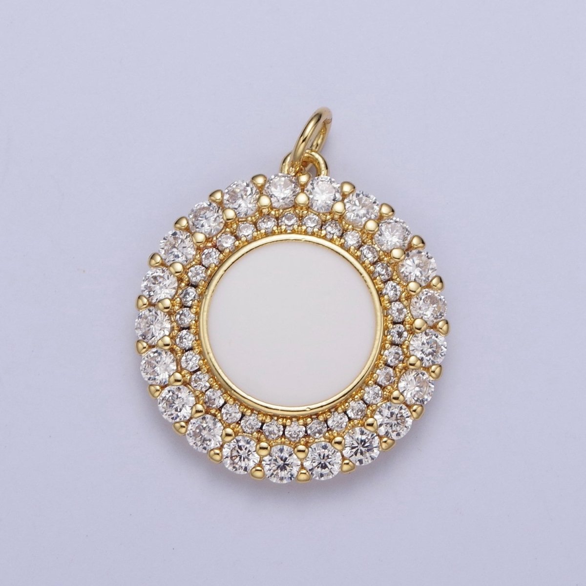 24K Gold Filled Micro Paved Round Lining Round White Enamel Coin Charm | M-495
