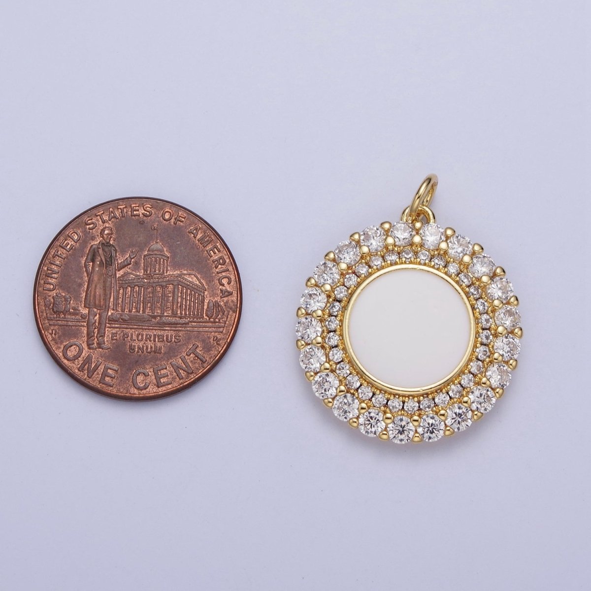 24K Gold Filled Micro Paved Round Lining Round White Enamel Coin Charm | M-495