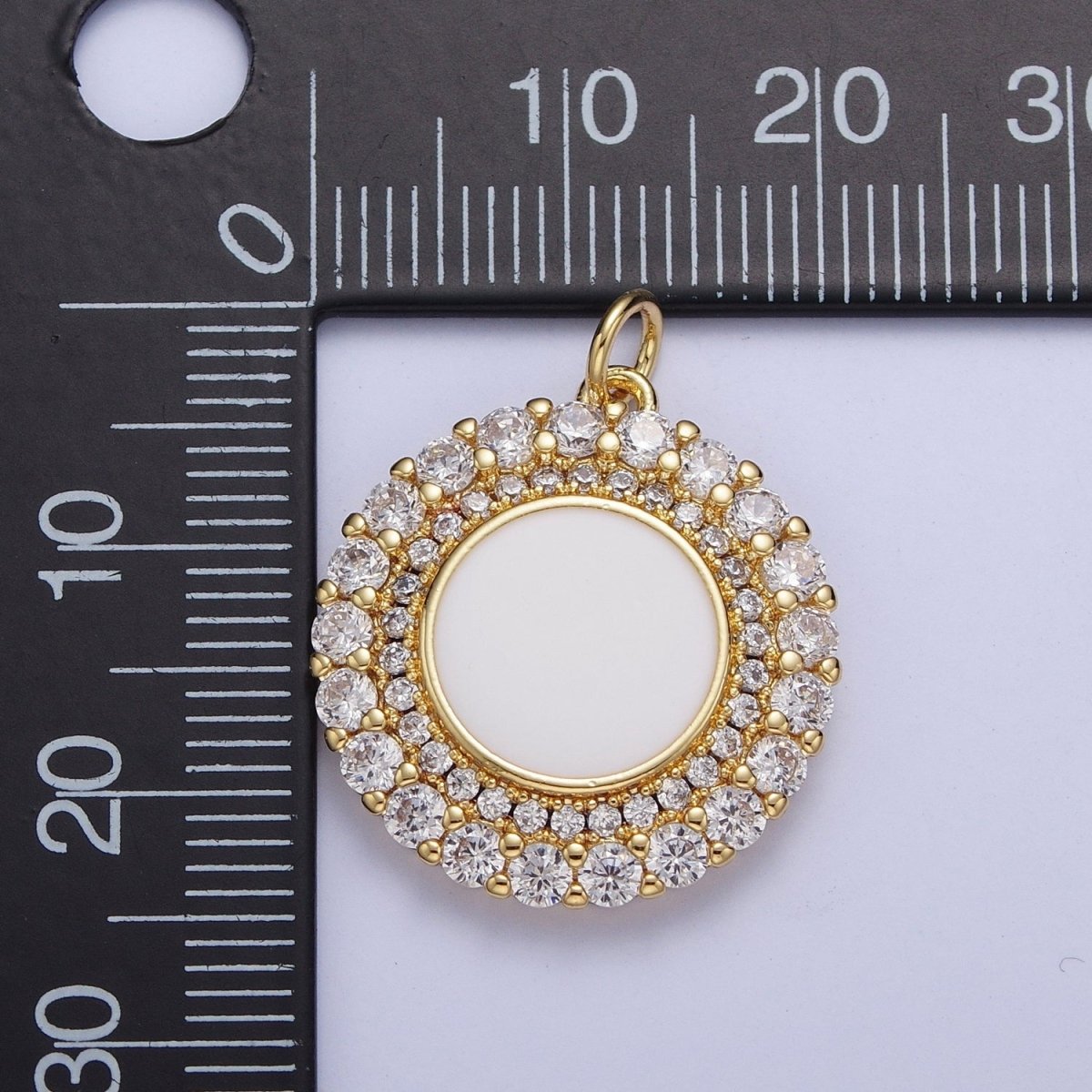24K Gold Filled Micro Paved Round Lining Round White Enamel Coin Charm | M-495