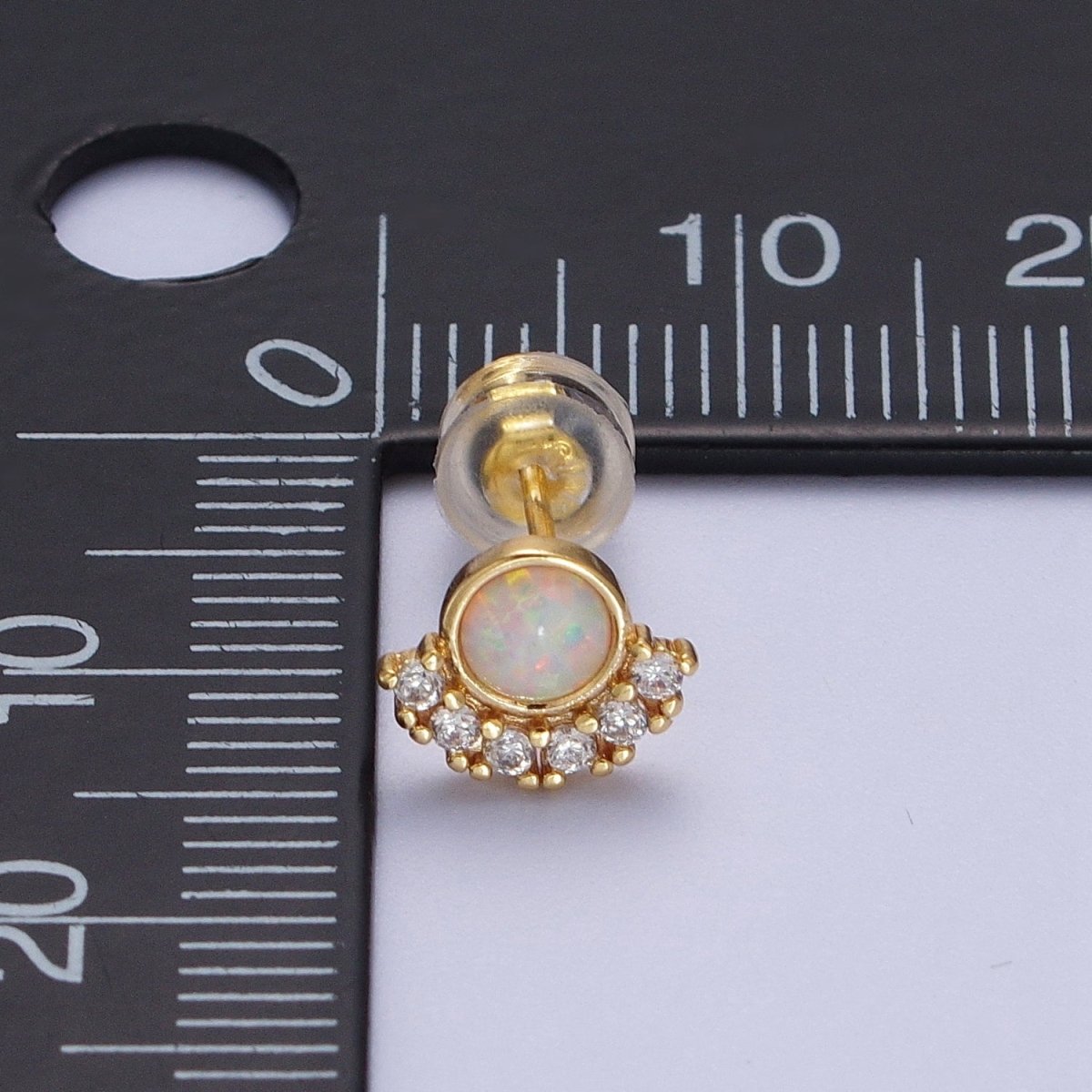 24K Gold Filled Micro Paved Round White Opal Stud Earrings | AD-152