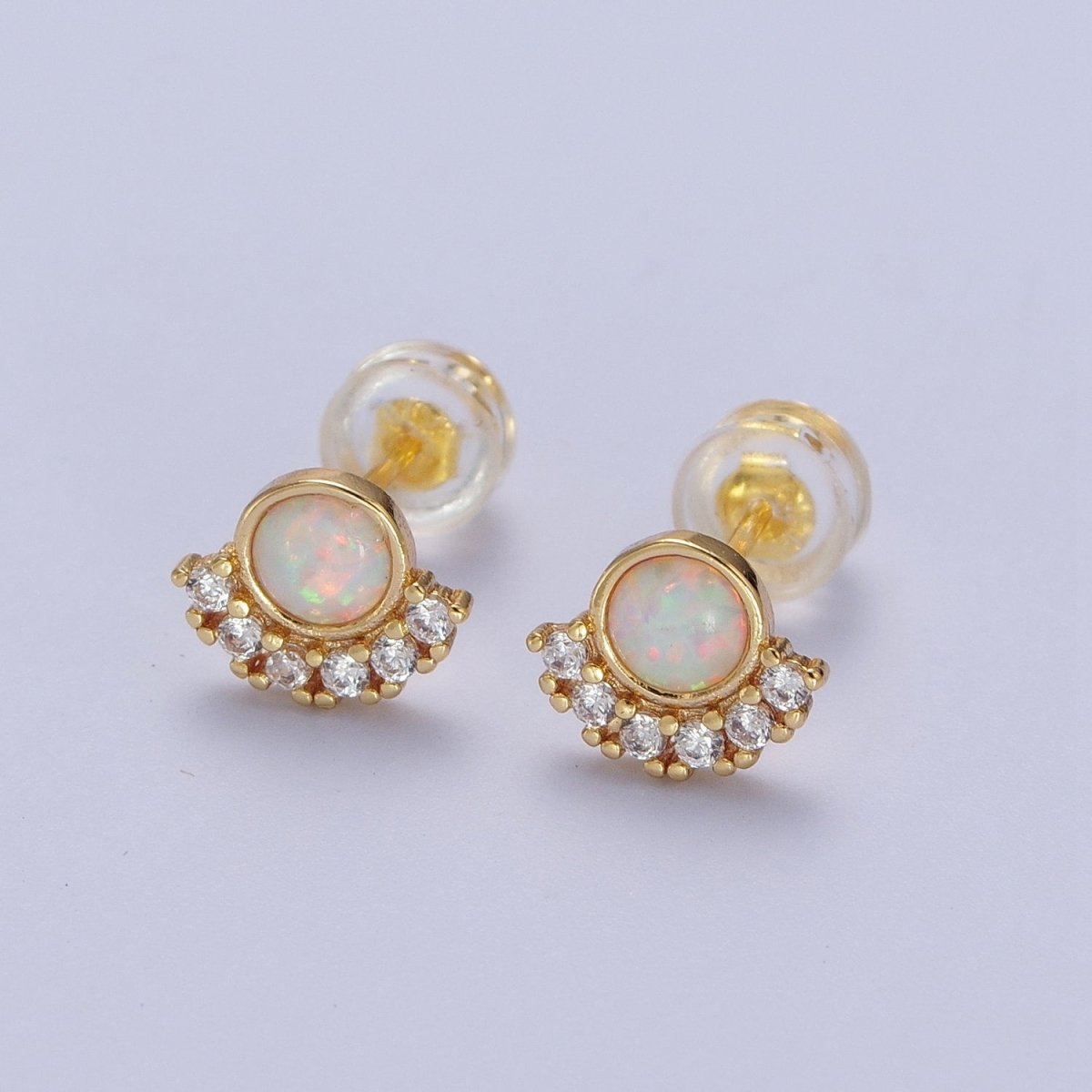 24K Gold Filled Micro Paved Round White Opal Stud Earrings | AD-152