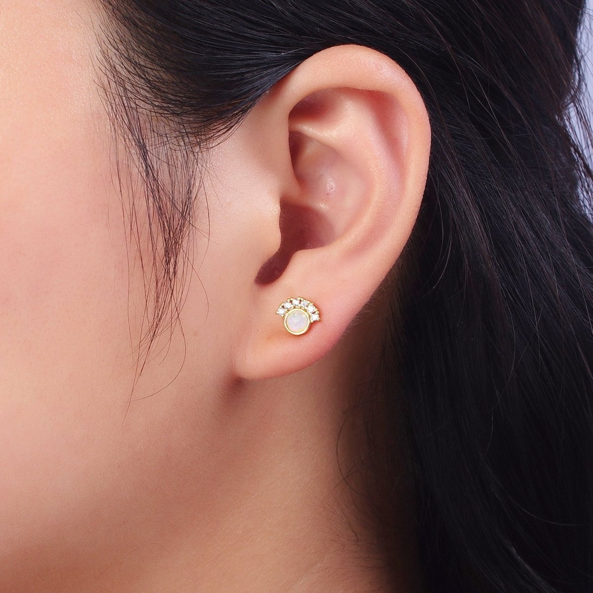 24K Gold Filled Micro Paved Round White Opal Stud Earrings | AD-152