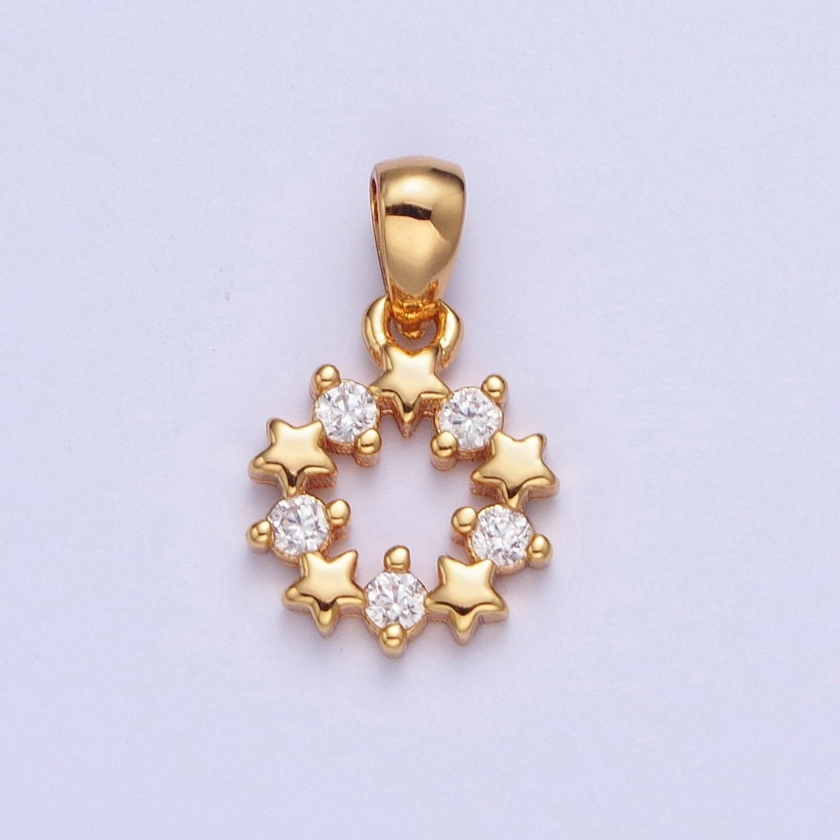 24K Gold Filled Mini Round Open Celestial Star Cubic Zirconia Open Round Medallion Pendant Charm X-449