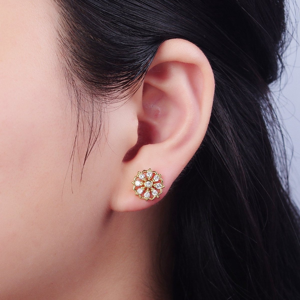 24K Gold Filled Mini Sunburst Cubic Zirconia Stud Earrings T-133