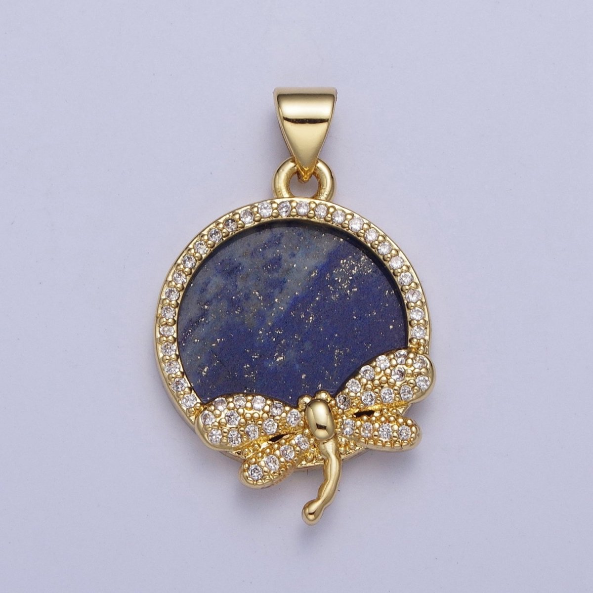 24K Gold Filled Minimalist Blue Lapiz Micro Pave CZ Dragonfly Insect Round Pendant For Jewelry Making X-432