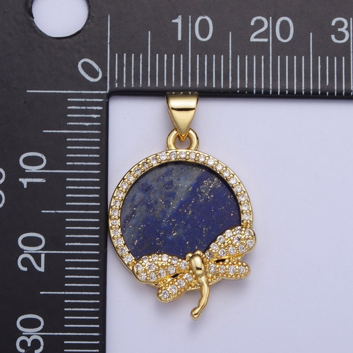24K Gold Filled Minimalist Blue Lapiz Micro Pave CZ Dragonfly Insect Round Pendant For Jewelry Making X-432