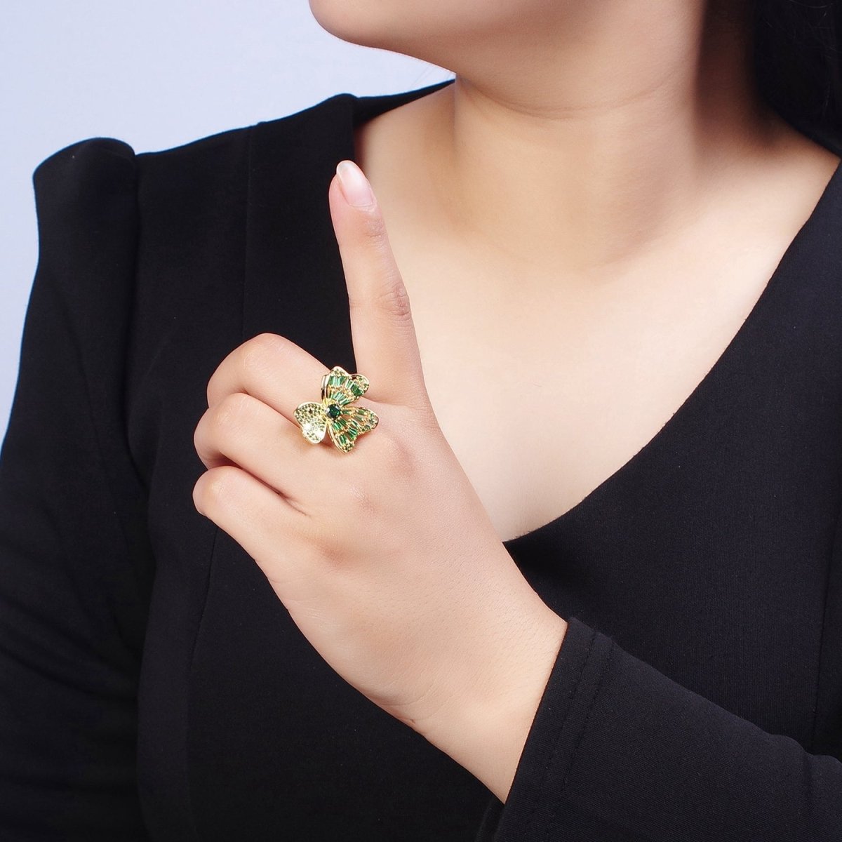 24K Gold Filled Minimalist Green Bow Flower Clover Heart Green Baguette Ring S-241