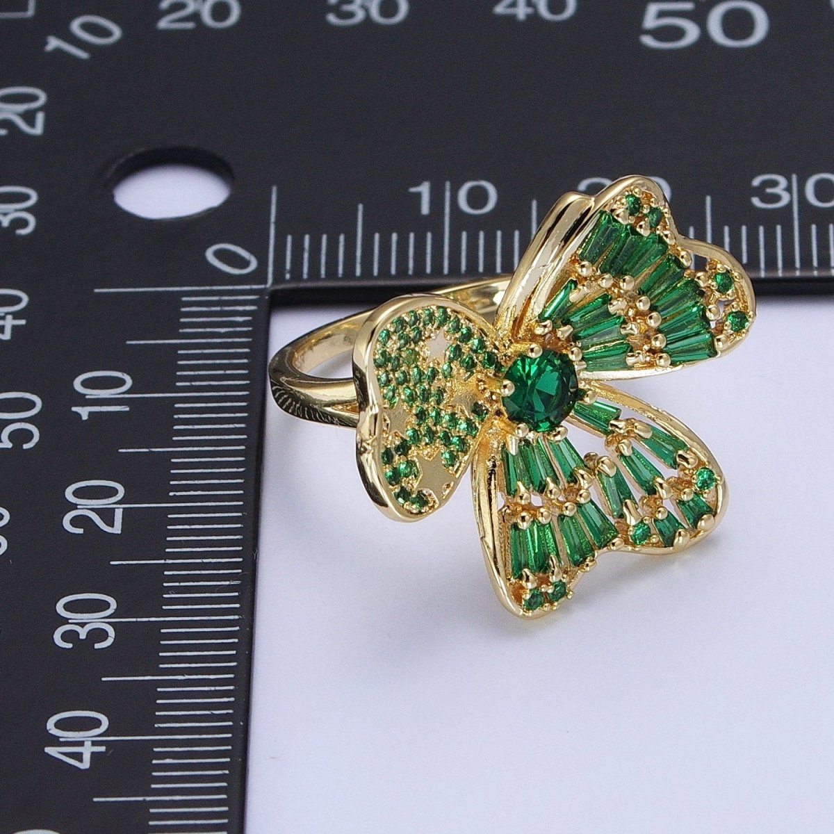 24K Gold Filled Minimalist Green Bow Flower Clover Heart Green Baguette Ring S-241
