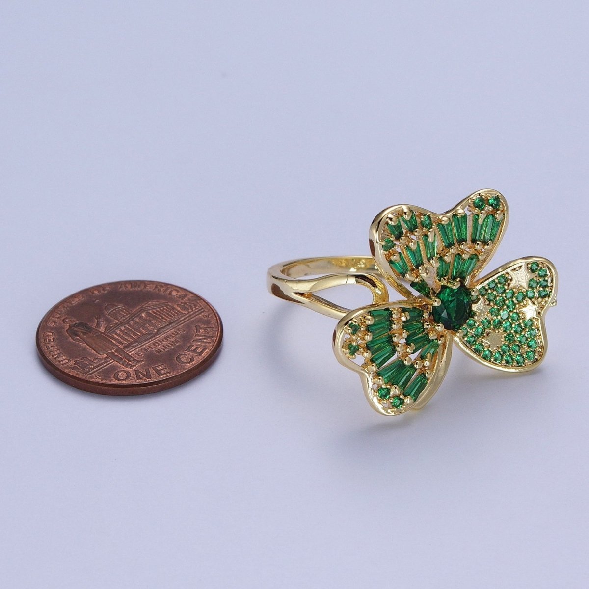 24K Gold Filled Minimalist Green Bow Flower Clover Heart Green Baguette Ring S-241