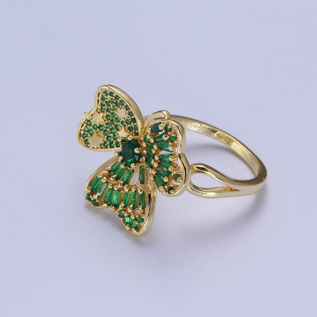 24K Gold Filled Minimalist Green Bow Flower Clover Heart Green Baguette Ring S-241