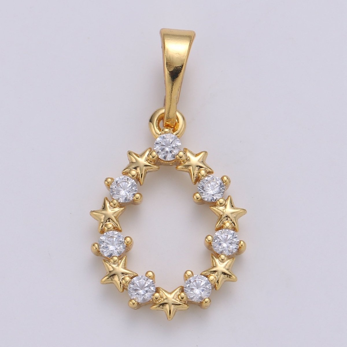 24K Gold Filled Moon And Star cubic Wreath Charm, Micro Pave CZ Oval Pendant, Pendant, J-224