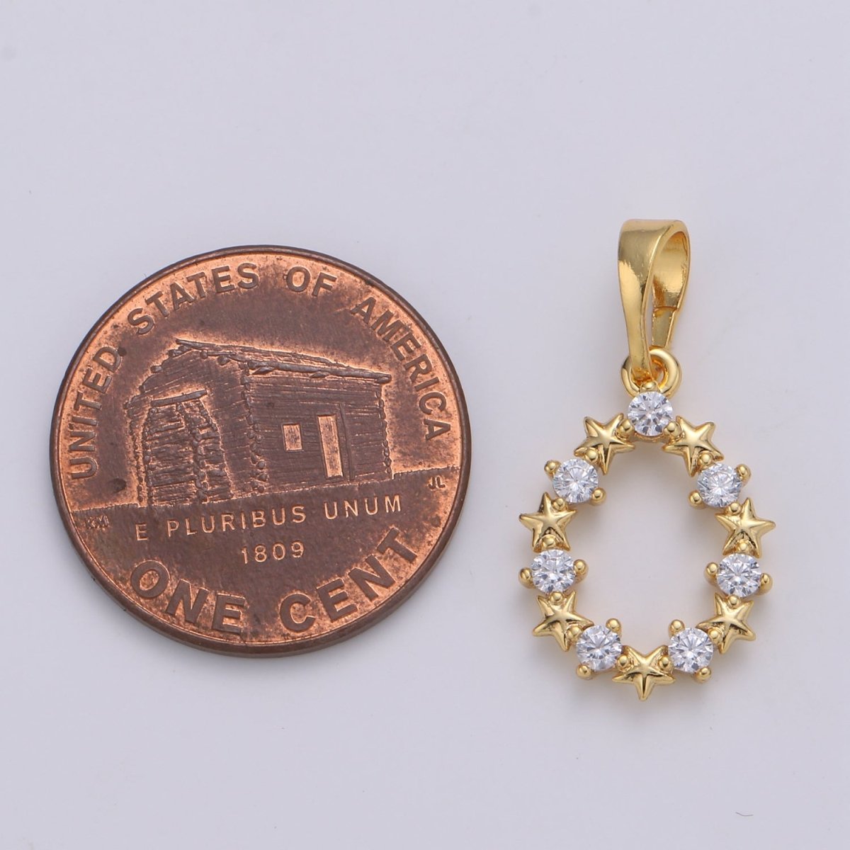 24K Gold Filled Moon And Star cubic Wreath Charm, Micro Pave CZ Oval Pendant, Pendant, J-224