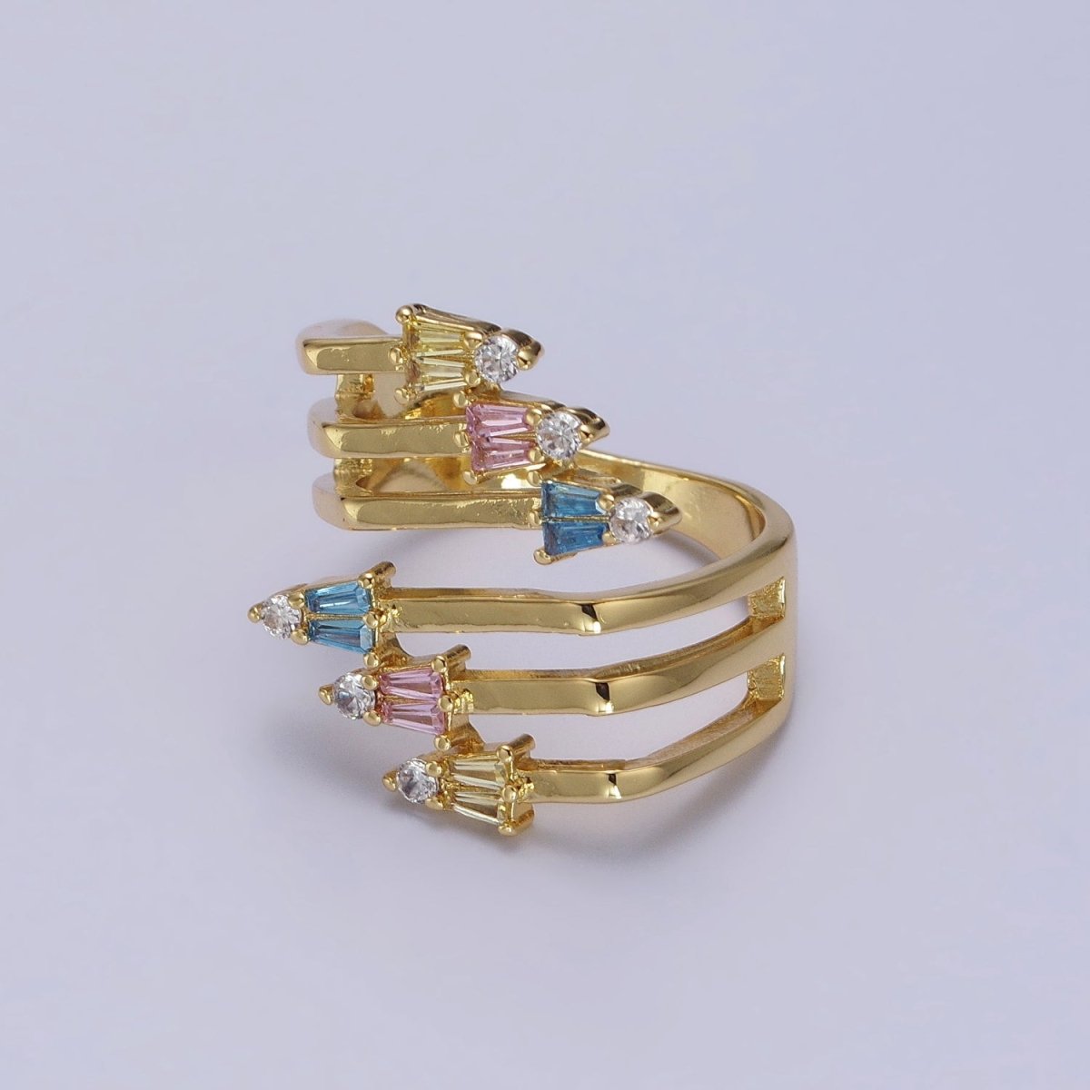 24K Gold Filled Multi Band Claw Multicolor CZ Baguette Statement Ring in Gold & Silver | R-021 R-022