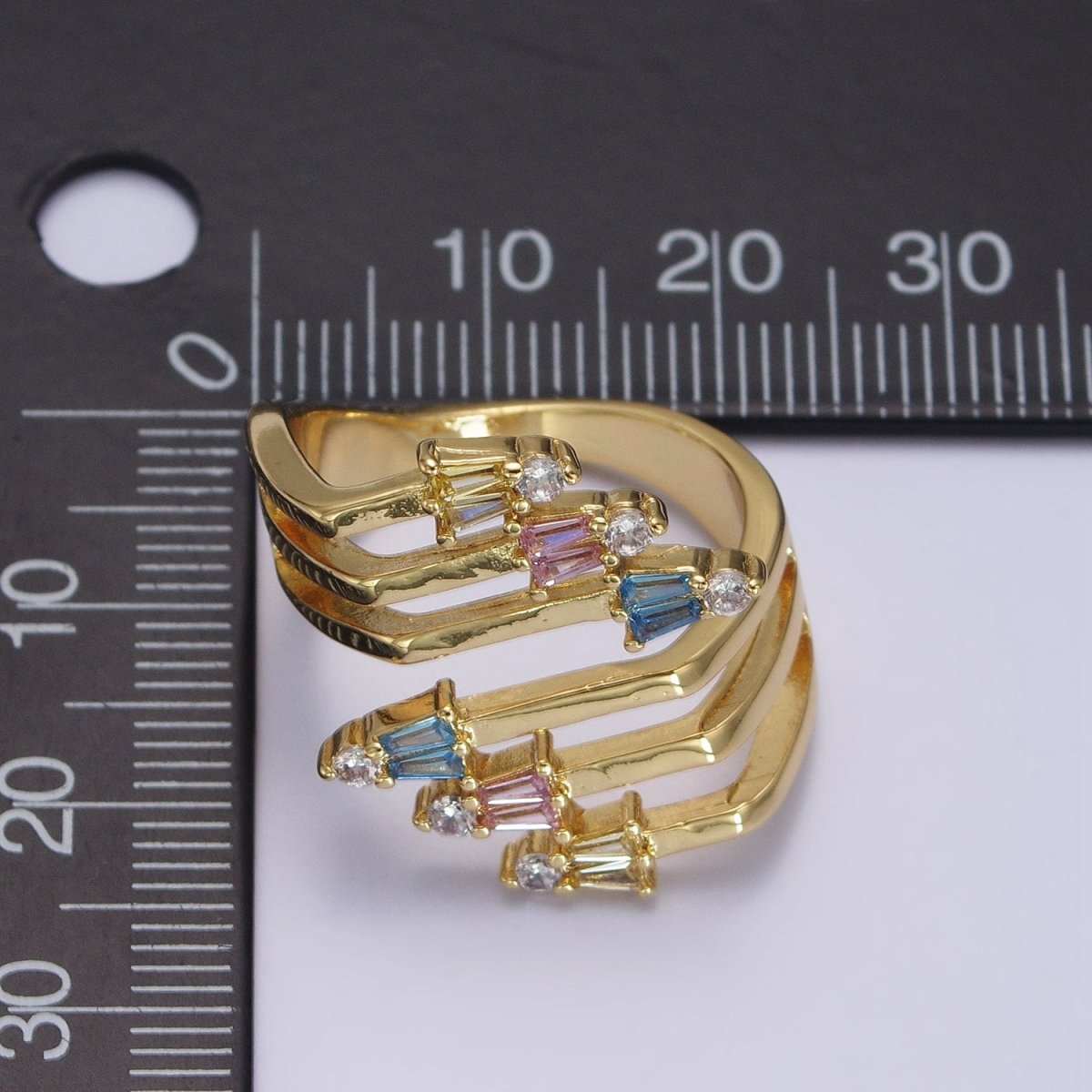 24K Gold Filled Multi Band Claw Multicolor CZ Baguette Statement Ring in Gold & Silver | R-021 R-022