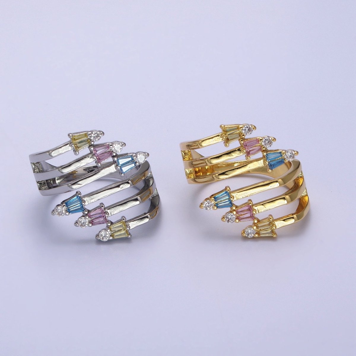 24K Gold Filled Multi Band Claw Multicolor CZ Baguette Statement Ring in Gold & Silver | R-021 R-022