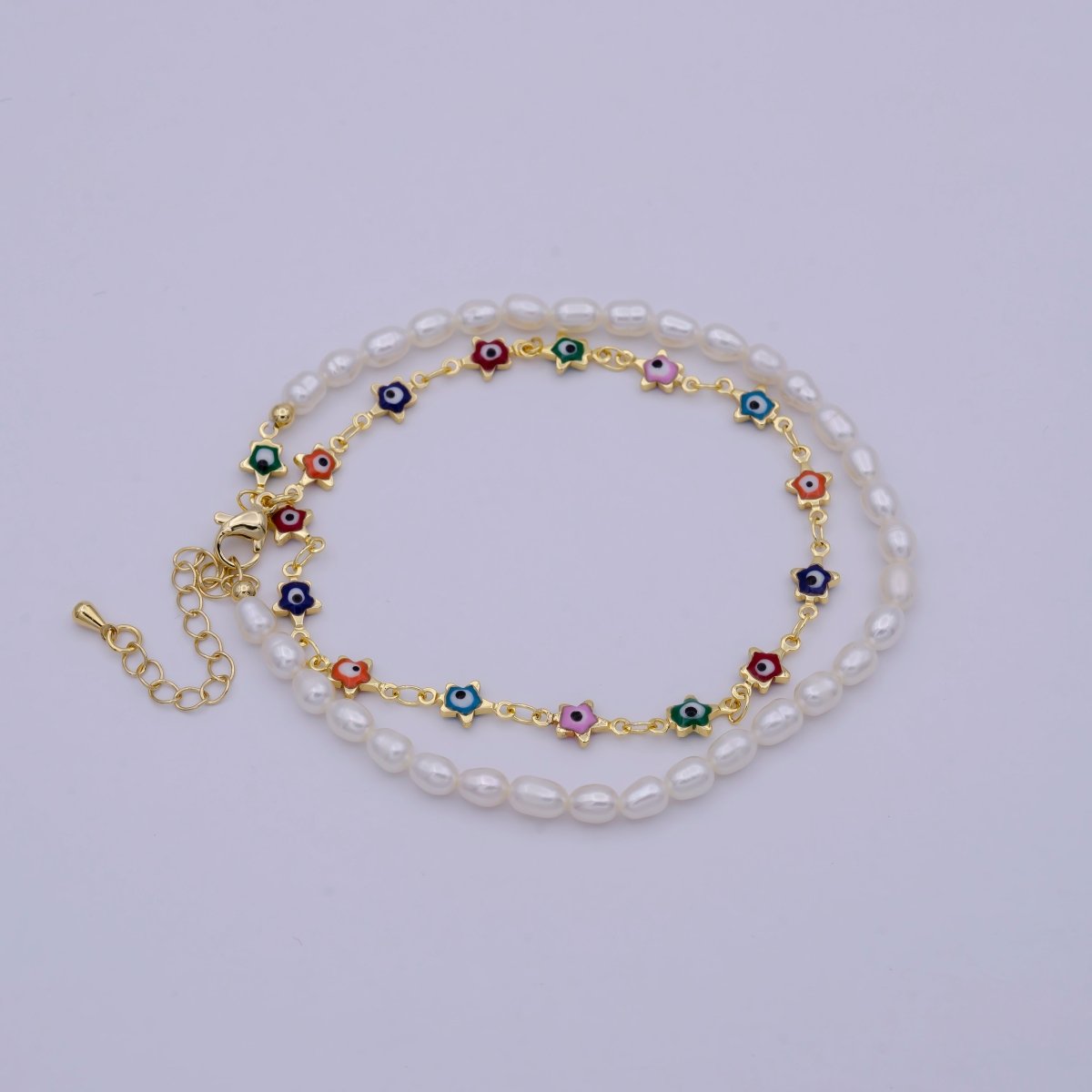 24K Gold Filled Multi Color Evil Eye Chain Necklace with Pearl Bead Layer For Wholesale Jewelry Making Supplies | WA-673 Clearance Pricing