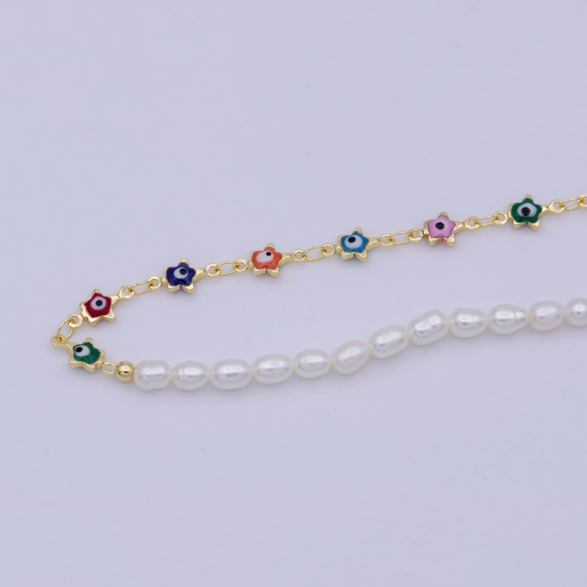 24K Gold Filled Multi Color Evil Eye Chain Necklace with Pearl Bead Layer For Wholesale Jewelry Making Supplies | WA-673 Clearance Pricing