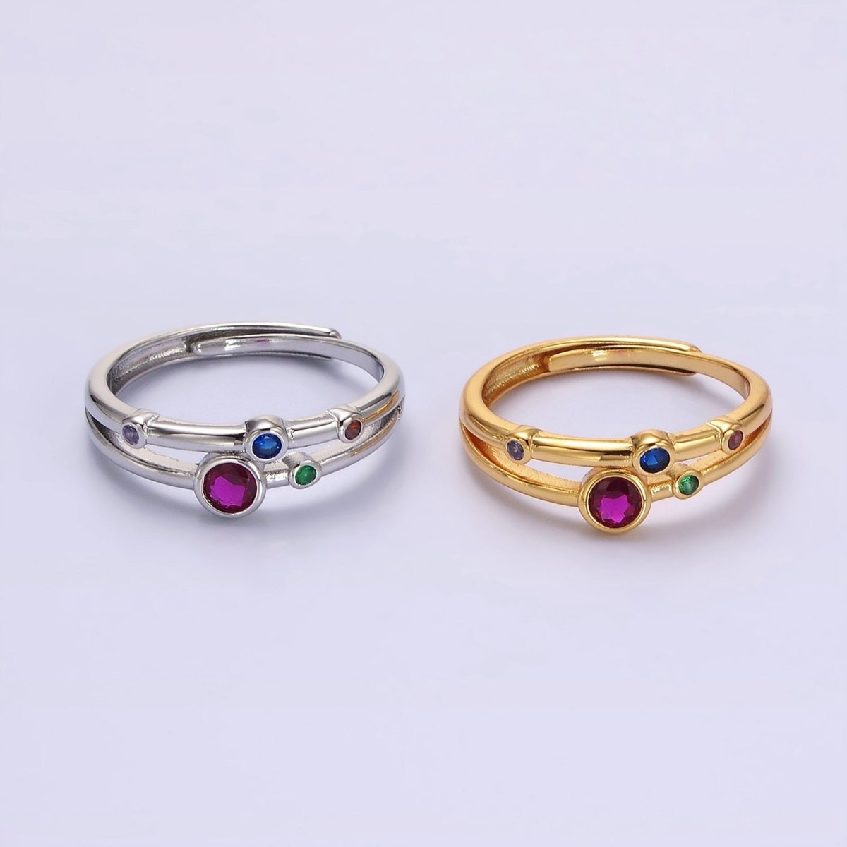 24K Gold Filled Multicolor CZ Dotted Double Band Adjustable Ring in Gold & Silver | O-615 O-616