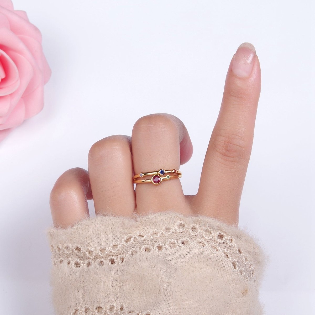 24K Gold Filled Multicolor CZ Dotted Double Band Adjustable Ring in Gold & Silver | O-615 O-616