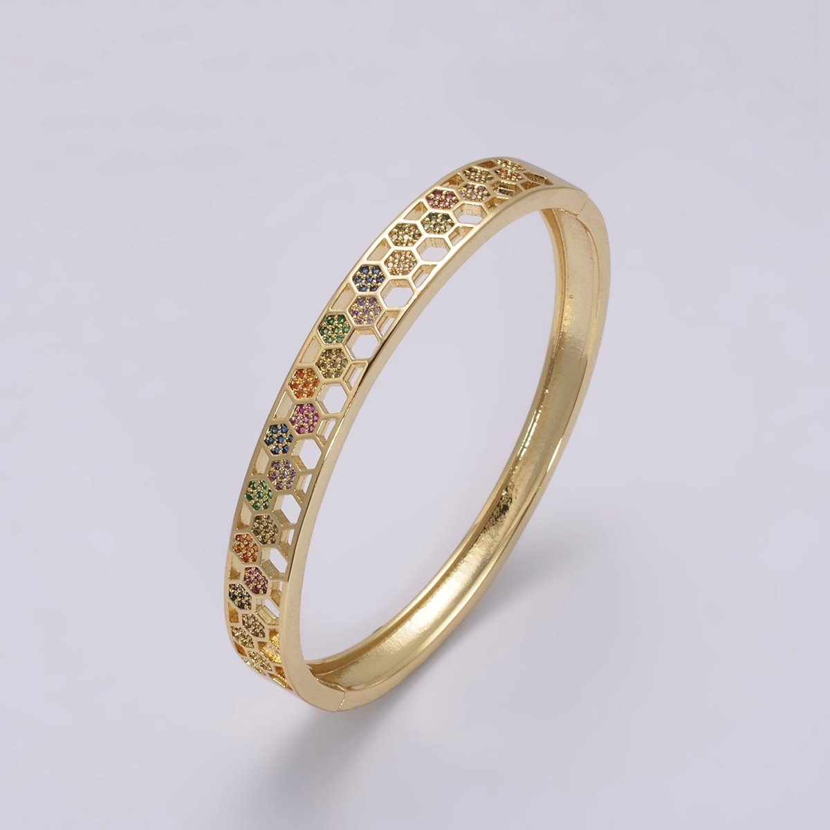 24K Gold Filled Multicolor CZ Micro Paved Open Hexagonal Lined Bangle Bracelet | WA-425 Clearance Pricing