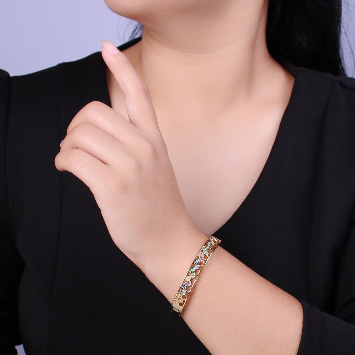 24K Gold Filled Multicolor CZ Micro Paved Open Hexagonal Lined Bangle Bracelet | WA-425 Clearance Pricing