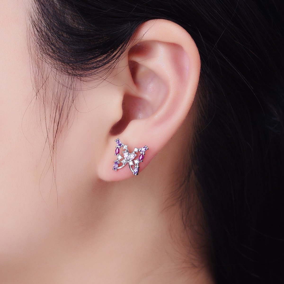 24K Gold Filled Multicolor Marquise CZ Butterfly Mariposa Stud Earrings in Gold & Silver | AB619 AB620