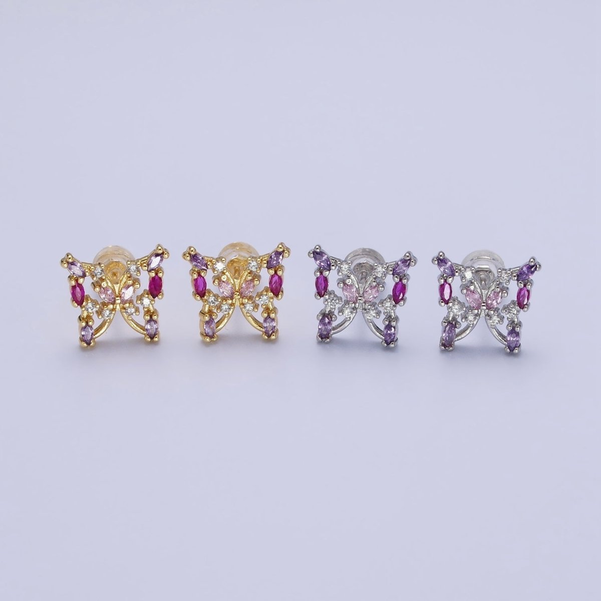 24K Gold Filled Multicolor Marquise CZ Butterfly Mariposa Stud Earrings in Gold & Silver | AB619 AB620