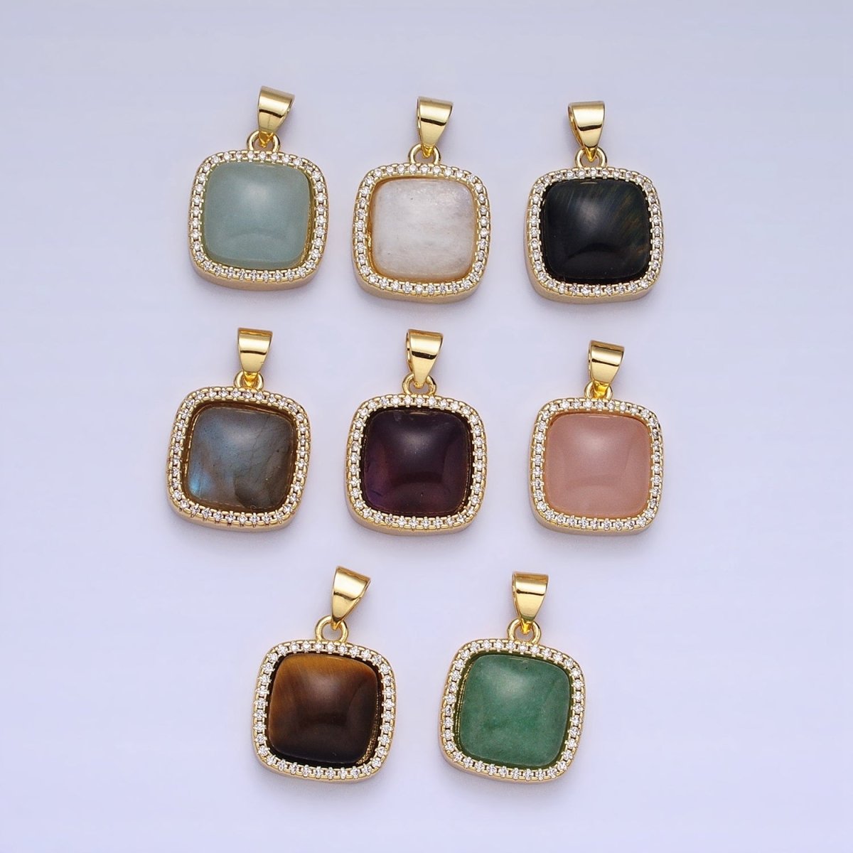 24K Gold Filled Natural Stone Labradorite, Rose Quartz, Amethyst, Amazonite, Aventurine Tiger Eye Square Pendant with CZ Stone | AA262 - AA269