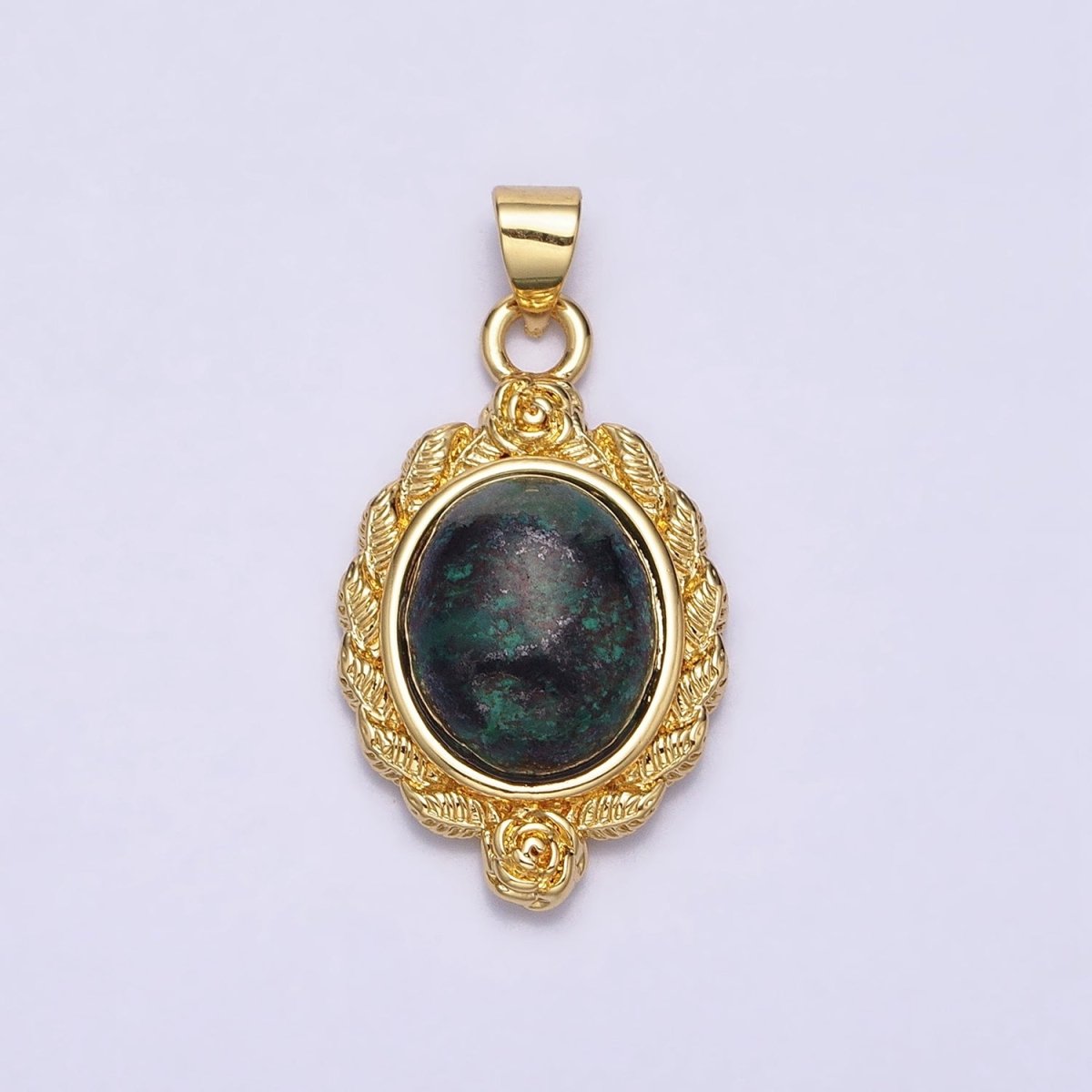 24k Gold Filled Natural Stone Lapiz Lazuli, Malachite Charms, Gold Oval Cabochon Pendant with Flower Frame AA286 AA287