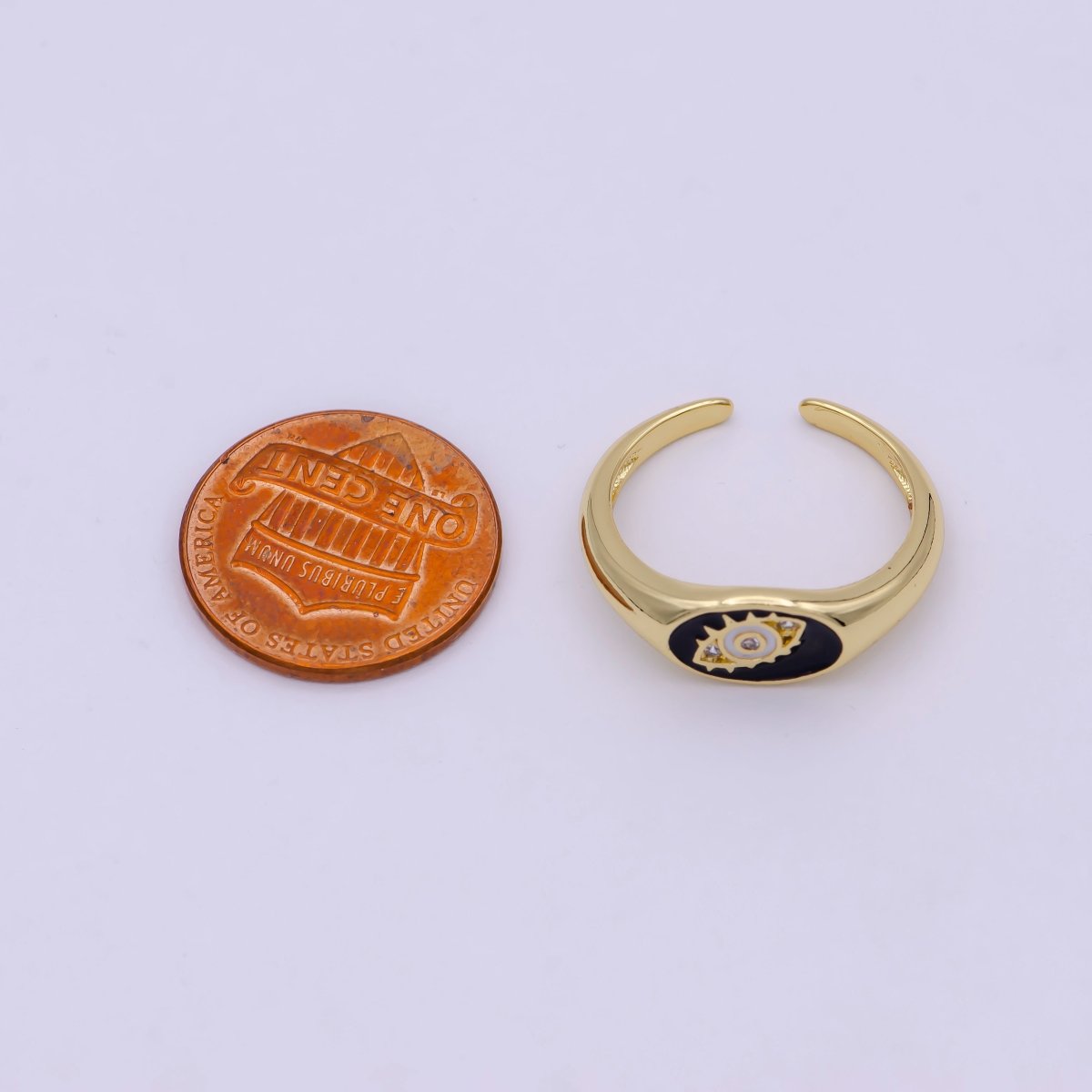 24K Gold Filled Navy Blue, White, Black Enamel Evil Eye CZ Crystal Zirconia Adjustable Stacking Ring | U-401-U-403
