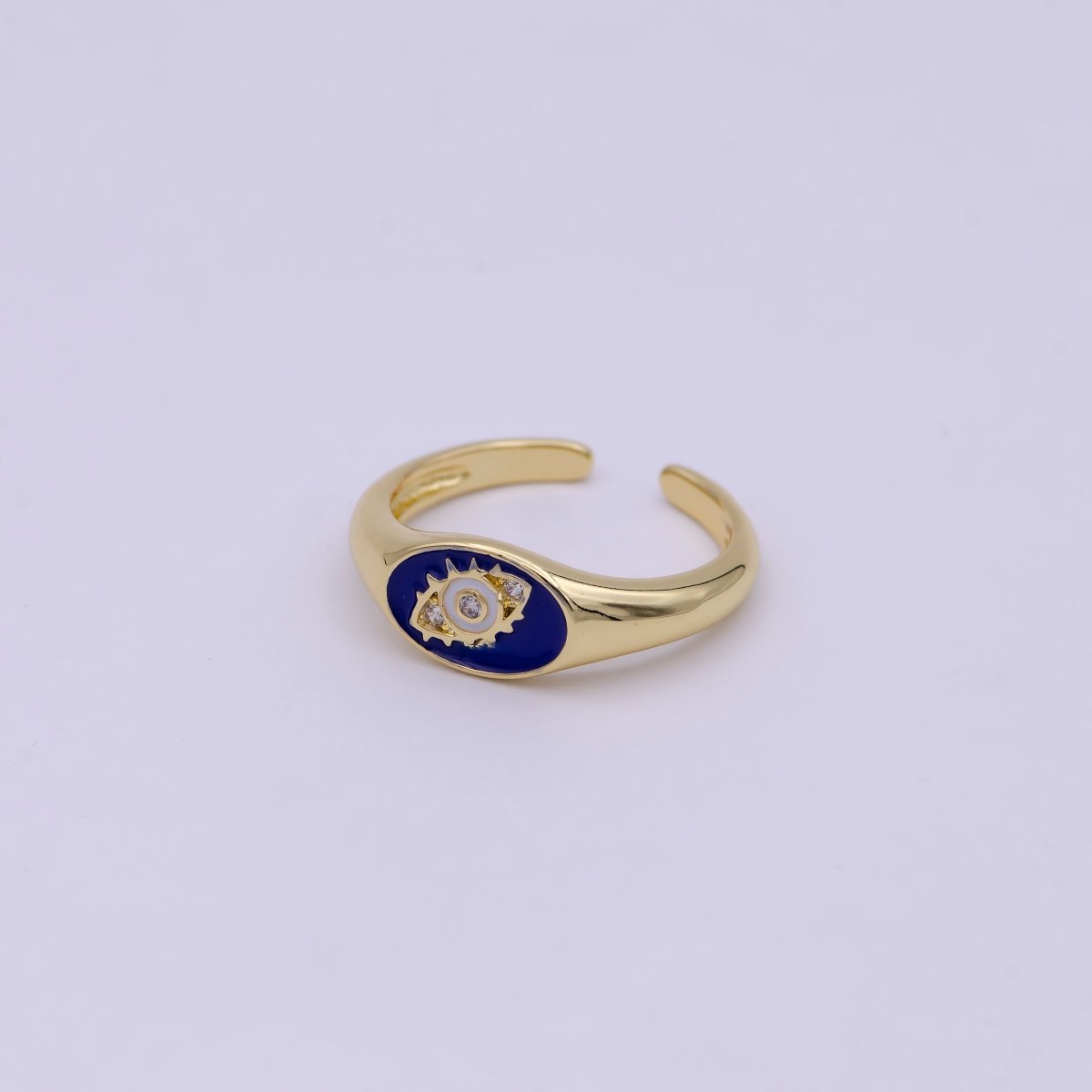 24K Gold Filled Navy Blue, White, Black Enamel Evil Eye CZ Crystal Zirconia Adjustable Stacking Ring | U-401-U-403