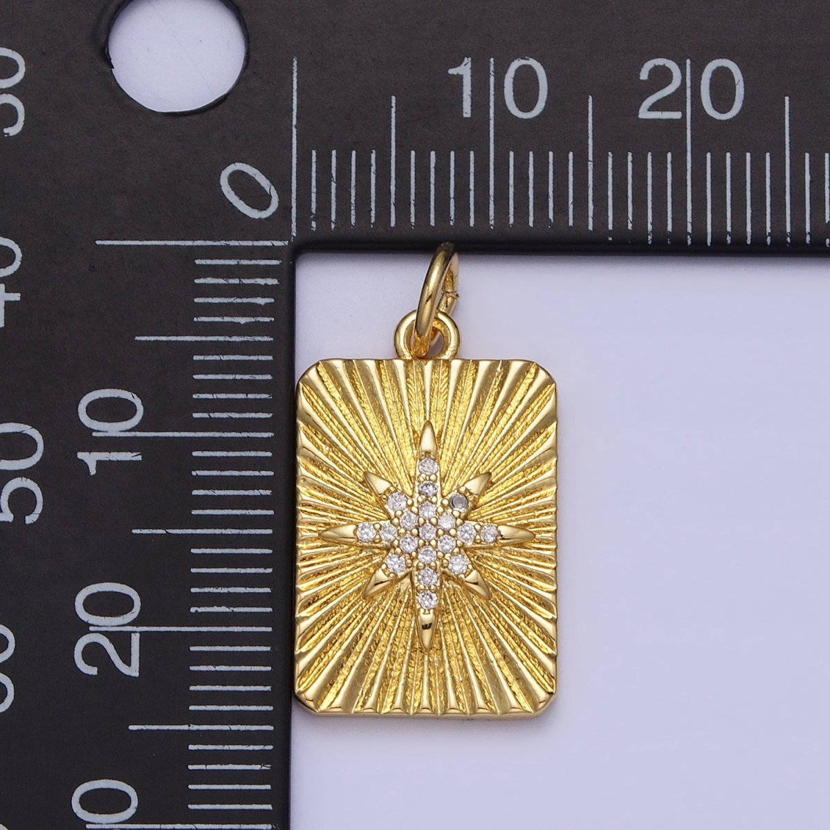 24K Gold Filled North Star Celestial Clear CZ Micro Paved Sunburst Textured Tag Charm | AC360