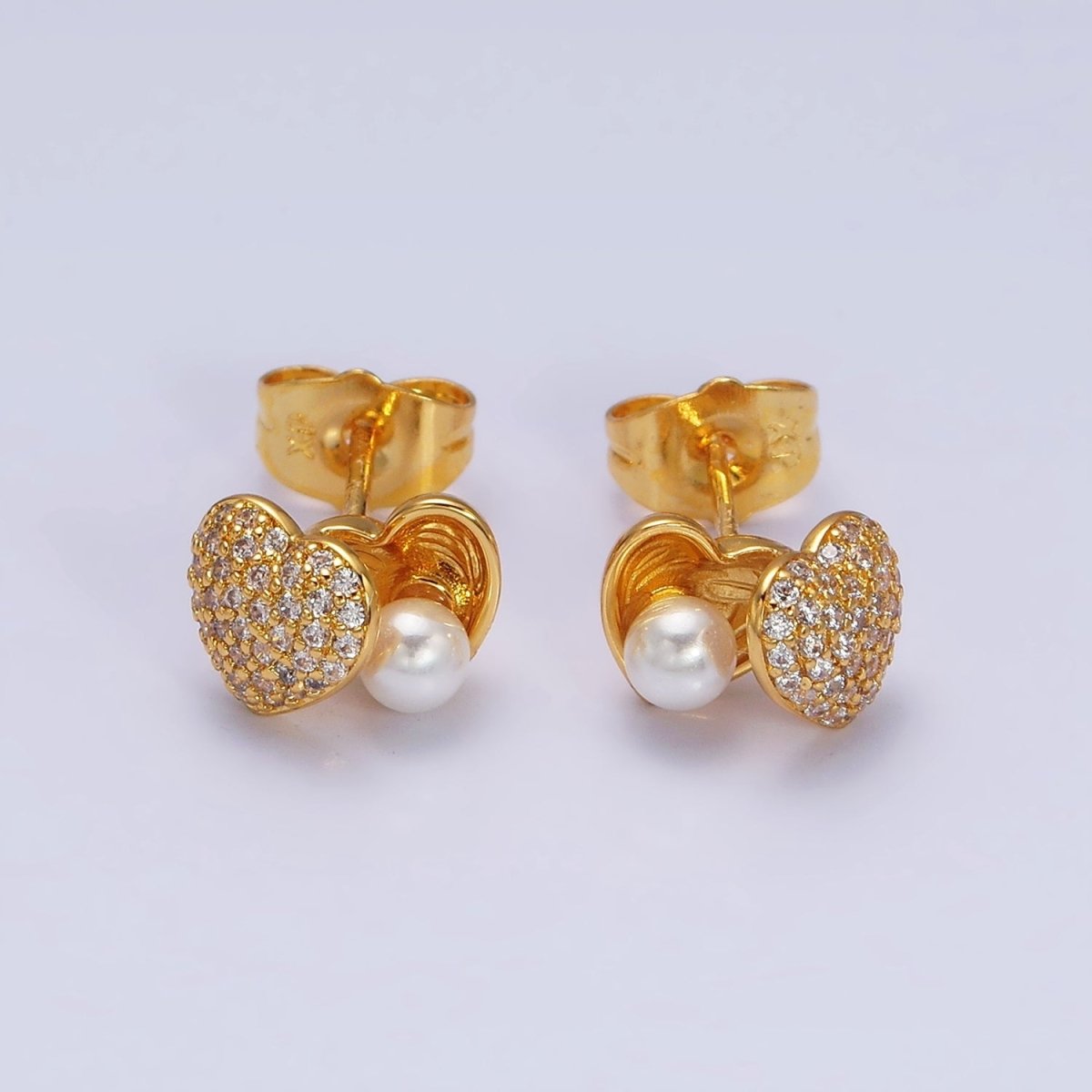 24K Gold Filled Open Micro Paved CZ Heart Pearl Stud Earrings Set | AD1427
