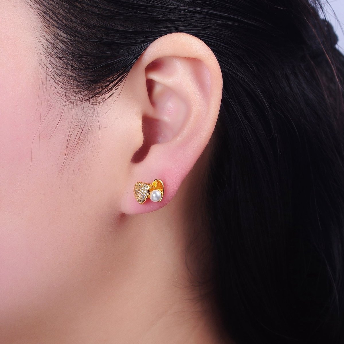 24K Gold Filled Open Micro Paved CZ Heart Pearl Stud Earrings Set | AD1427
