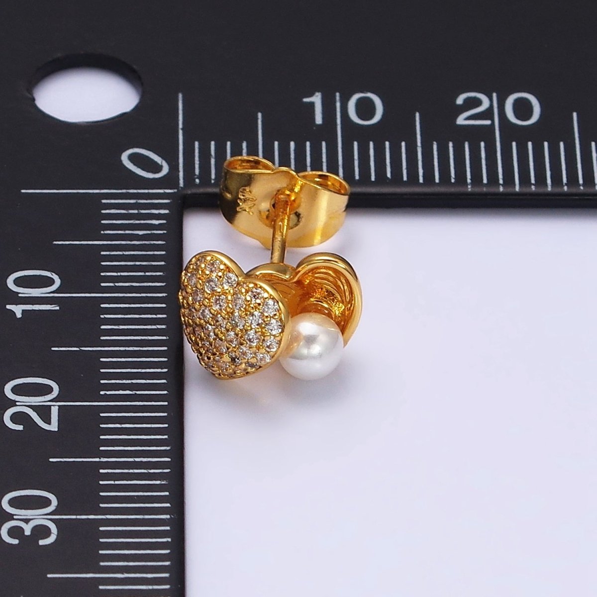 24K Gold Filled Open Micro Paved CZ Heart Pearl Stud Earrings Set | AD1427