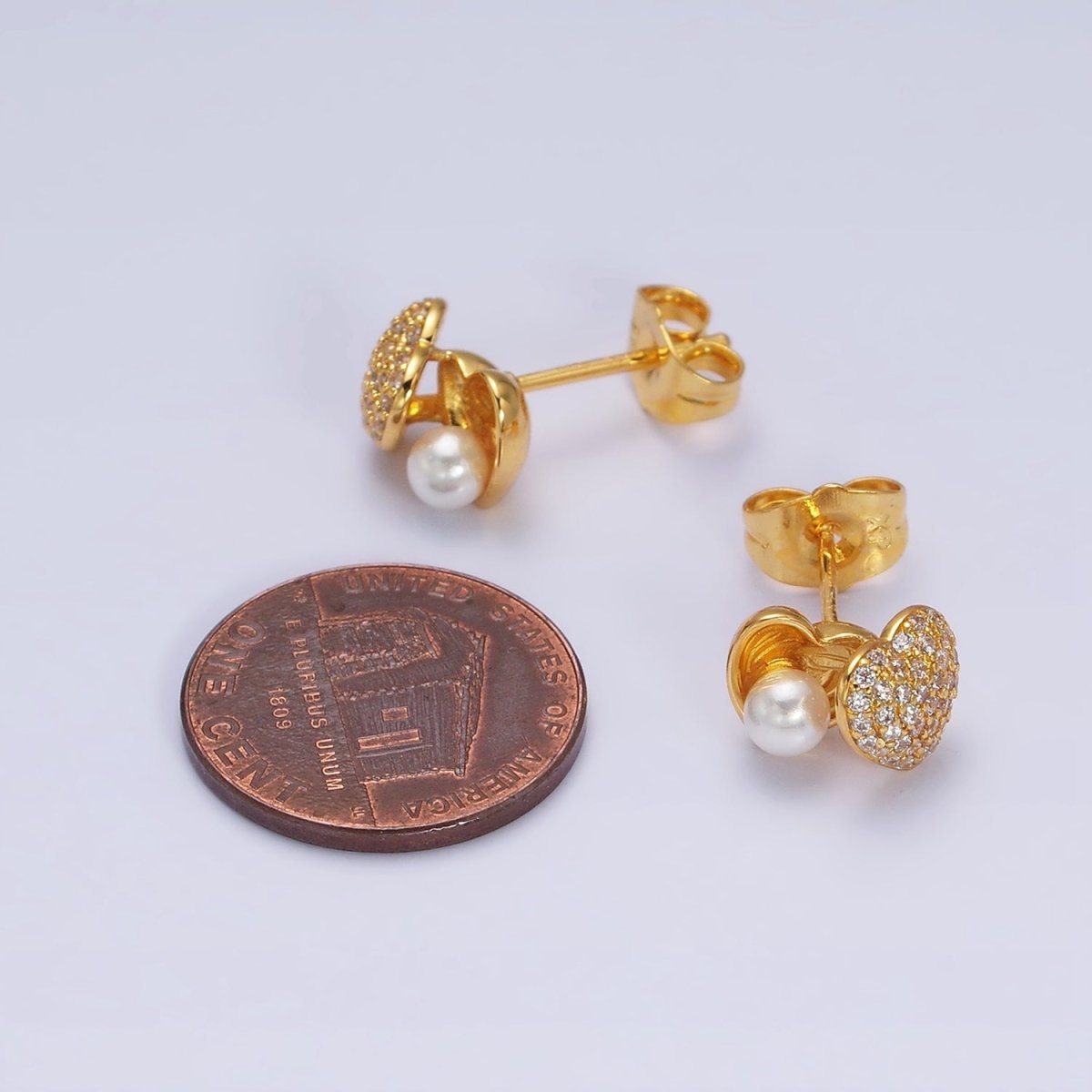 24K Gold Filled Open Micro Paved CZ Heart Pearl Stud Earrings Set | AD1427
