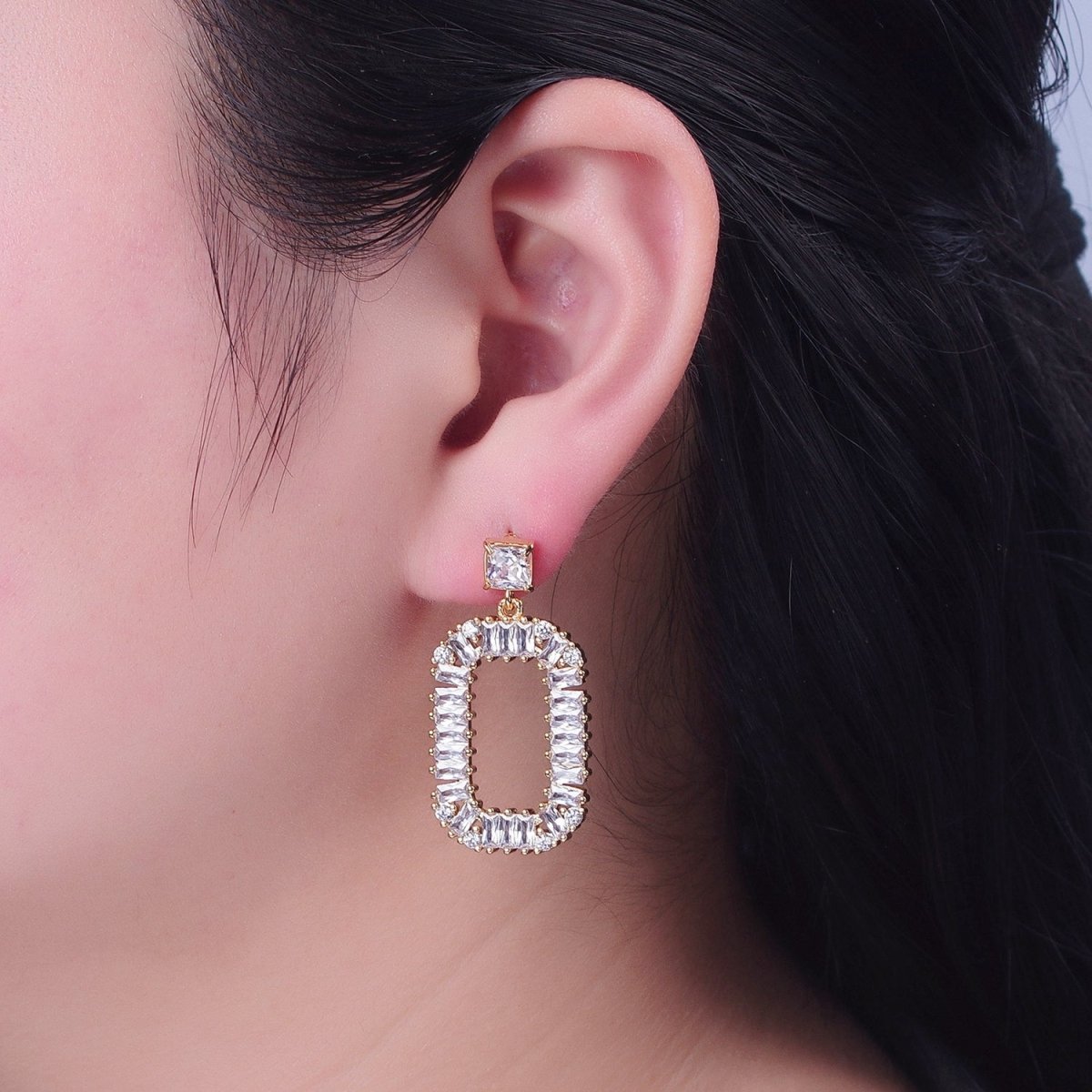 24K Gold Filled Oval Baguette Zirconia Drop & Dangle Stud Earrings P-316