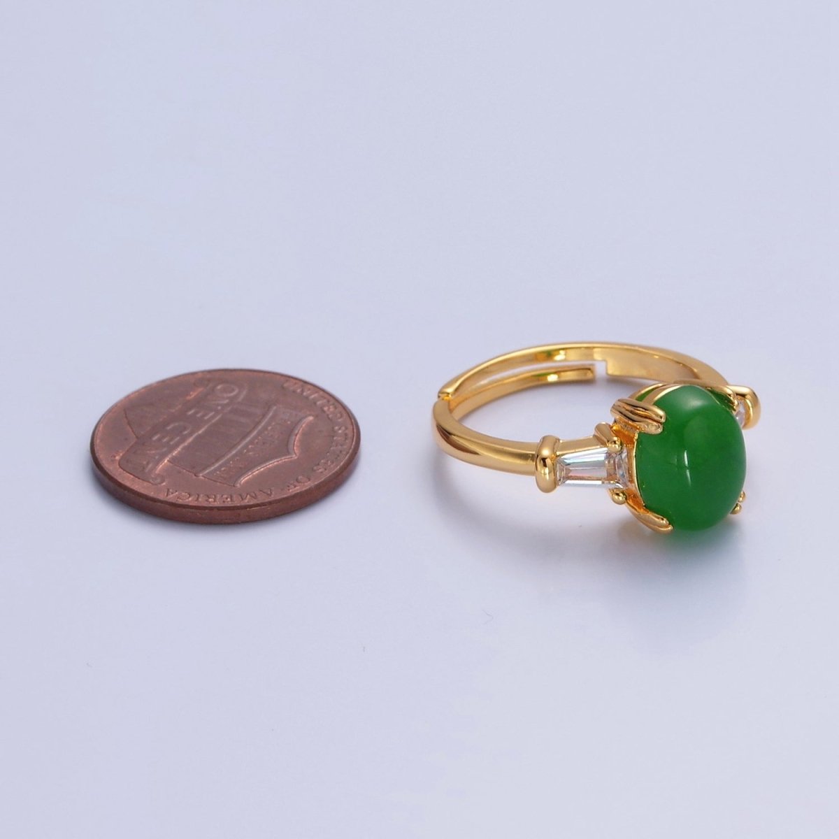 24K Gold Filled Oval Green Kade with Baguette CZ Statement Ring O-773